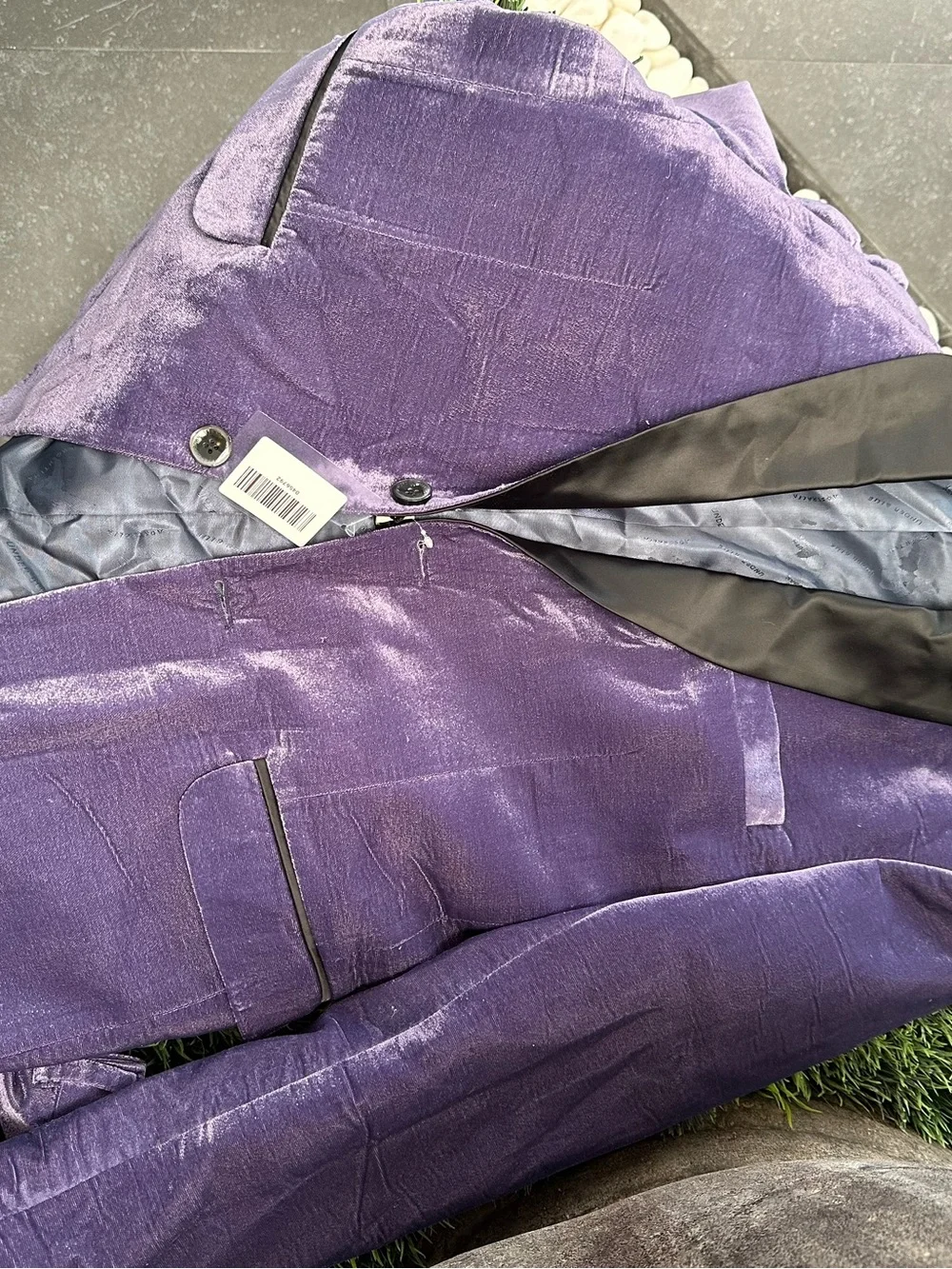 BNWT French Crown Men's Purple Velvet Tuxedo Black Satin jacket 38 pants 32